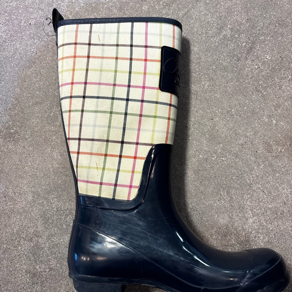 SOLD!! Coach Navy Gloss Rain Boot with Cream striped Plaid Upper